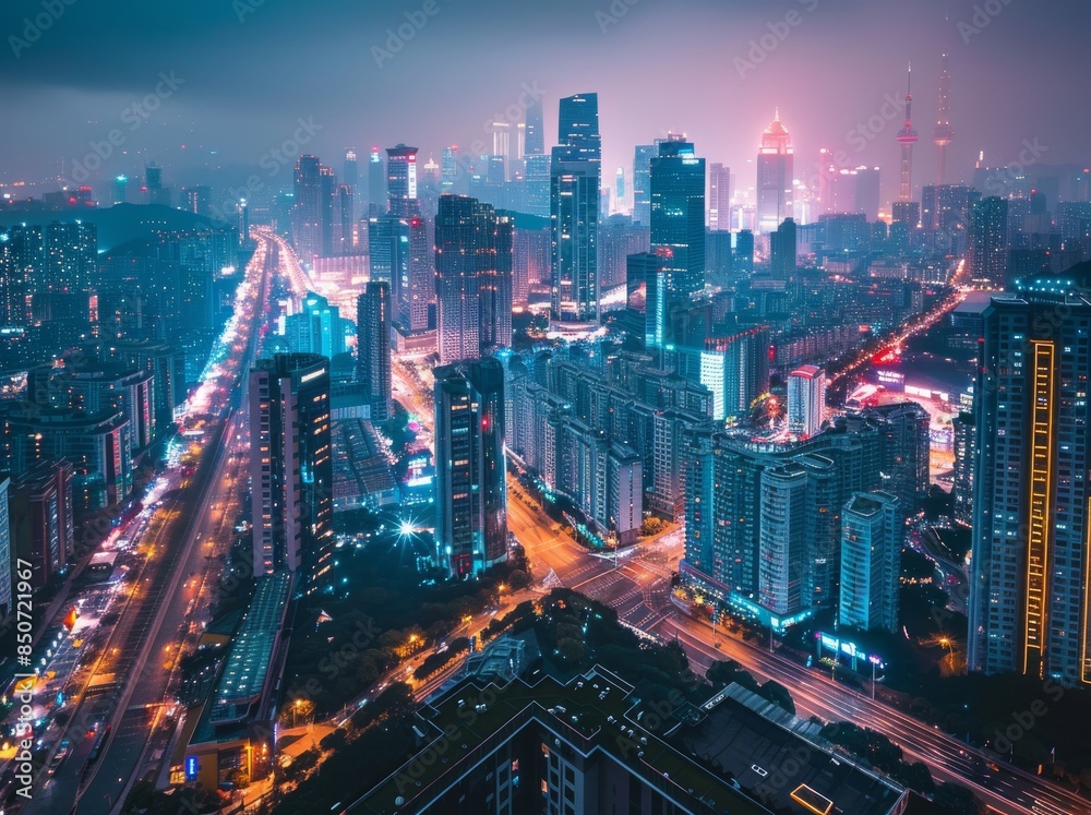 Fototapeta premium Twilight blends city lights into a mesmerizing blur