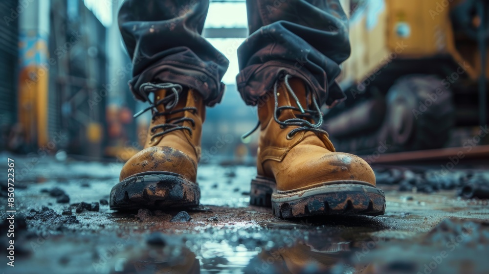 In this macro shot, a worker is wearing safety shoes as part of an industrial working scene with safety equipment. In this macro shot, a worker is wearing safety shoes as part of an industrial working scene with safety equipment.