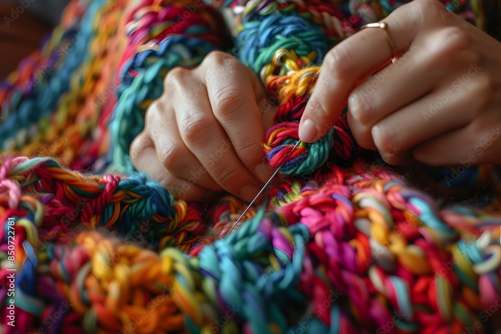 Close-up of Hands Weaving a Colorful Knitted Blanket Close-up of Hands Weaving a Colorful Knitted Blanket