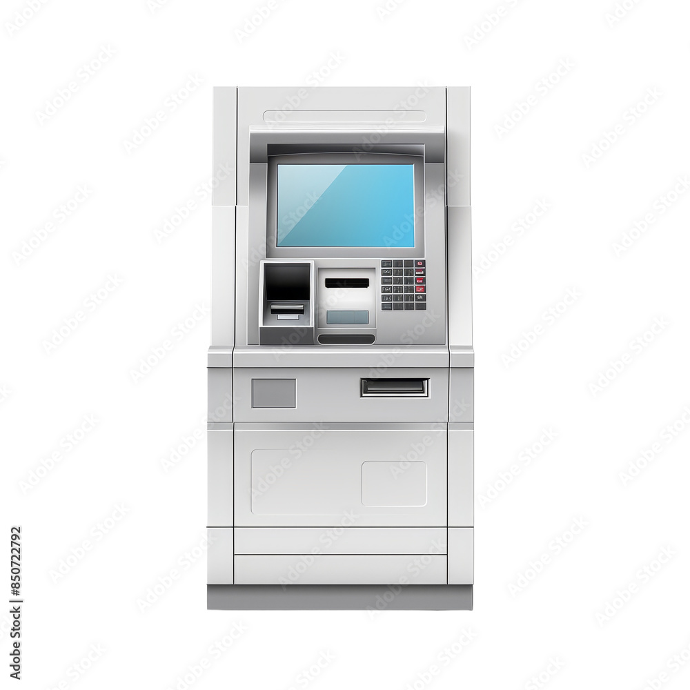 Modern ATM machine with touchscreen and card slot, isolated on white background. Perfect for banking and finance-related visuals. Modern ATM machine with touchscreen and card slot, isolated on white background. Perfect for banking and finance-related visuals.