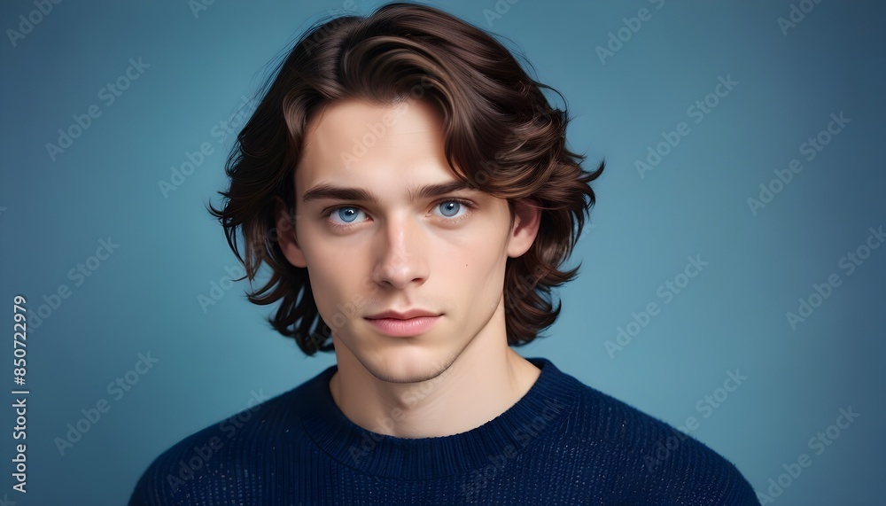 Young man with copy space blue background header banner design poster Young man with copy space blue background header banner design poster