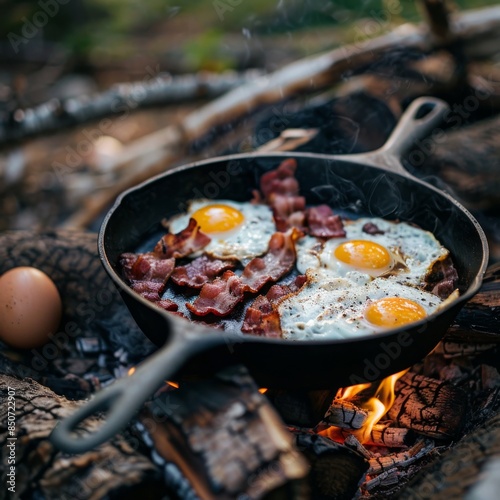 Cast iron skillet with bacon and eggs for camping breakfast