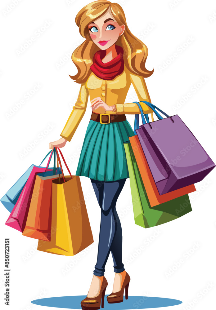 girl with shopping bags vector illustration, Shopping girl vector art, girl with shopping bags vector illustration, Shopping girl vector art,