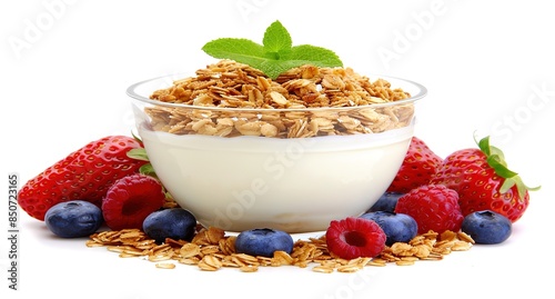 A glass bowl contains white cream with cereal topping on top and berries around it on a white background photo