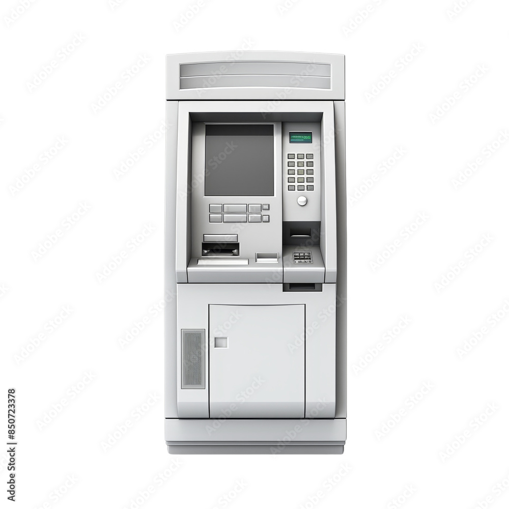 Front view of a modern ATM machine, isolated on a white background. Front view of a modern ATM machine, isolated on a white background.