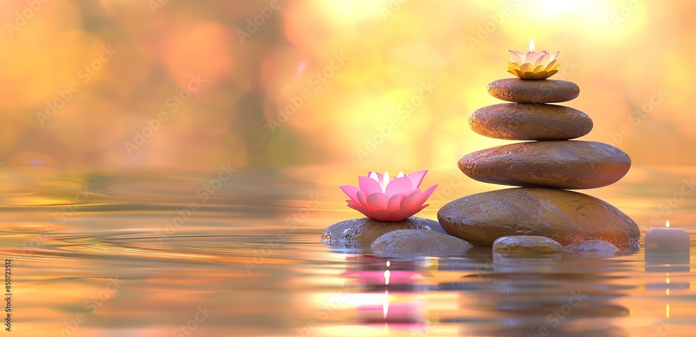 Obraz premium Pile of stones with flowers on top with blur effect background
