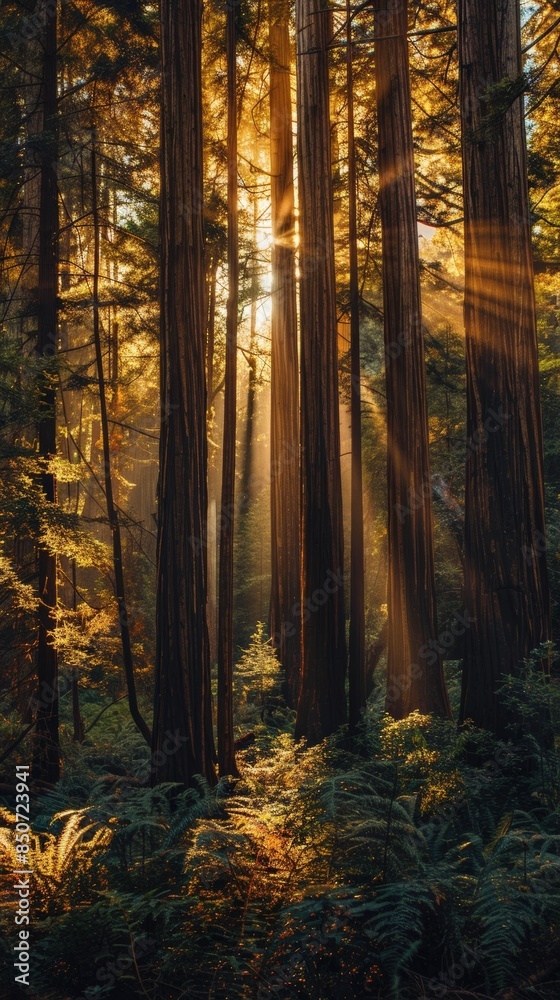 Obraz premium Sunlight beams through tall trees in a serene forest, creating a tranquil and enchanting atmosphere with lush greenery and natural beauty.
