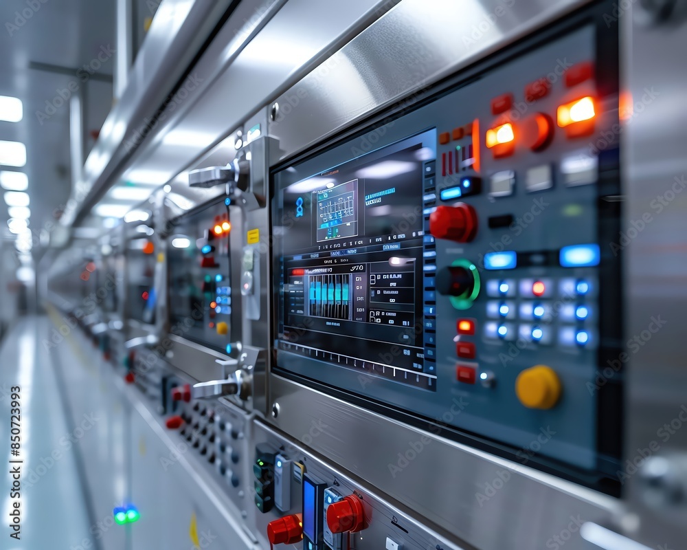 Modern automated industrial equipment with multiple touch screen controllers in a high-tech manufacturing facility Modern automated industrial equipment with multiple touch screen controllers in a high-tech manufacturing facility
