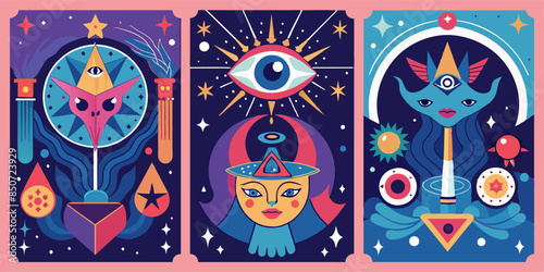 Three pixel art tarot cards with all seeing eye, sun, and moon