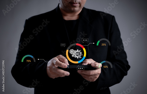 Businessman using a smartphone with a virtual display showing AI analytics and performance metrics. Represents artificial intelligence, technology, and data analysis.
