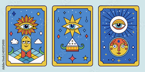 Tarot cards with sun, moon, and allseeing eye symbols, blending mysticism