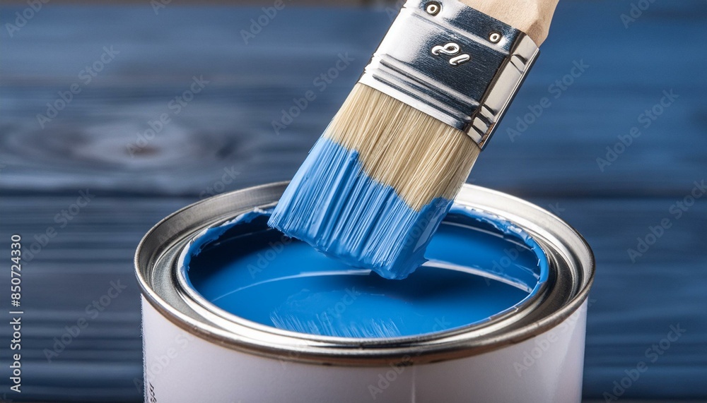 paint brush and a blue paint can