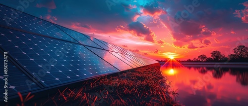 Modern solar panels with a vibrant sunset reflection, showcasing renewable energy and sustainable technology photo