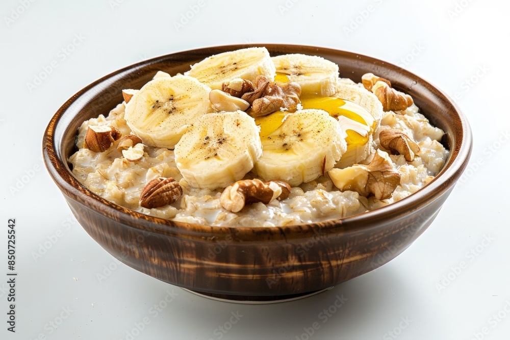 Oatmeal Bowl with Bananas, Nuts, and Honey on White Background Oatmeal Bowl with Bananas, Nuts, and Honey on White Background