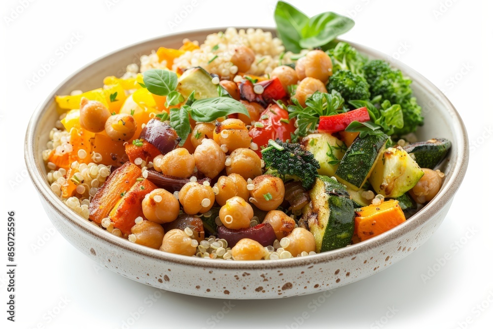 Quinoa Bowl with Roasted Vegetables and Chickpeas on White Background