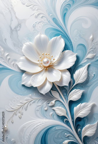 White flower on blue marble background