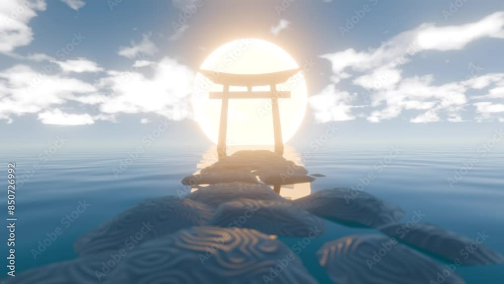 Pathway to Tranquility: Modern 3D Representation of a Traditional Torii Gate at Sunrise Pathway to Tranquility: Modern 3D Representation of a Traditional Torii Gate at Sunrise