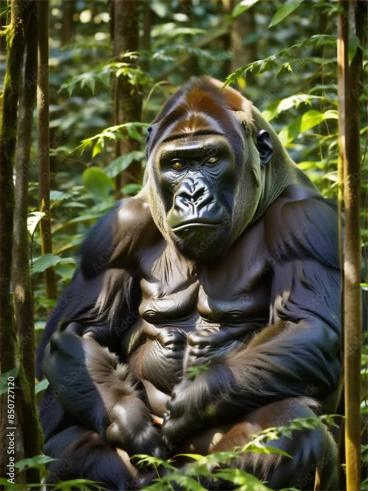 a gorilla sitting in the middle of a forest
a gorilla sitting in the middle of a forest