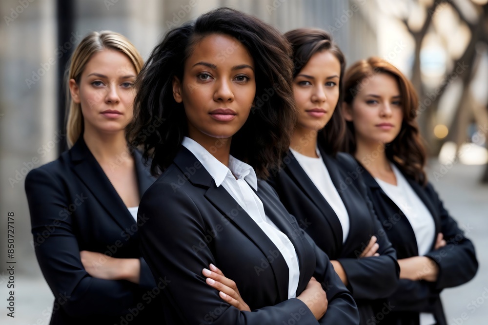 Diverse female professional team united in business attire outside office display teamwork Diverse female professional team united in business attire outside office display teamwork