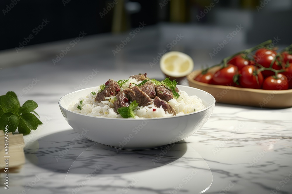 A plate of mandi rice or mandhi on a marble countertop
A plate of mandi rice or mandhi on a marble countertop