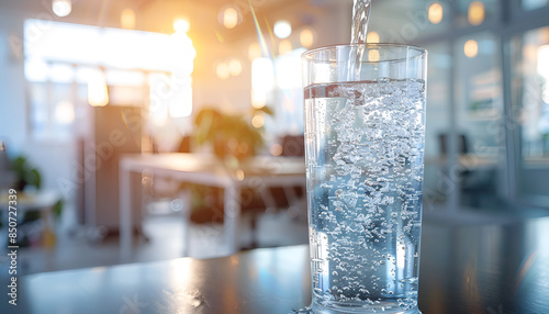 water flows into a transparent glass from a cooler on a blurred office background.