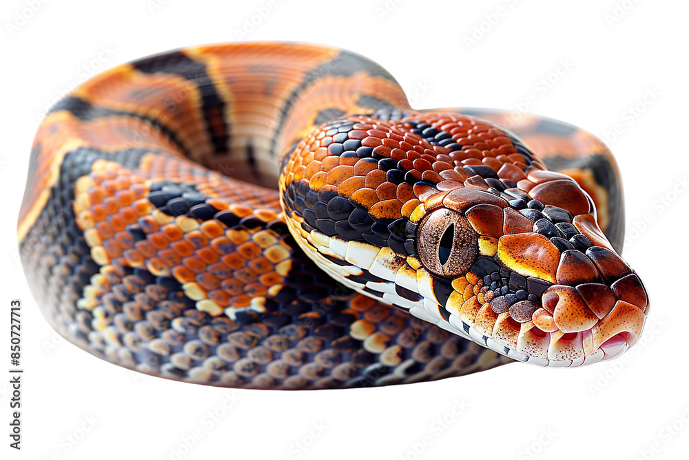 Close up of black and orange snake isolated on white background, transparent background Close up of black and orange snake isolated on white background, transparent background