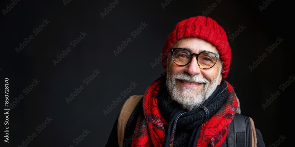 Elderly man with white beard wearing glasses, red beanie, and scarf, smiling against a dark background Elderly man with white beard wearing glasses, red beanie, and scarf, smiling against a dark background