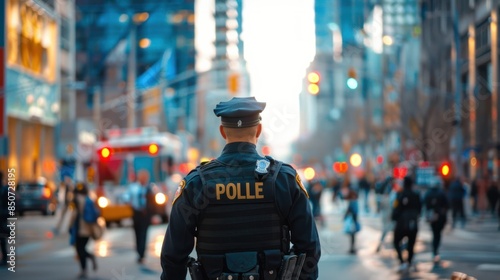 A police officer on patrol, walking through a bustling city street, in full uniform, symbolizing law enforcement's role in maintaining public safety wide angle lens