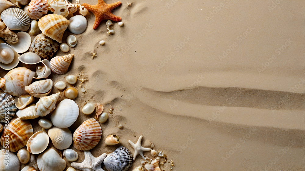 A sandy background adorned with sea shells providing ample room for a copy space image. Top views background Ai generative.