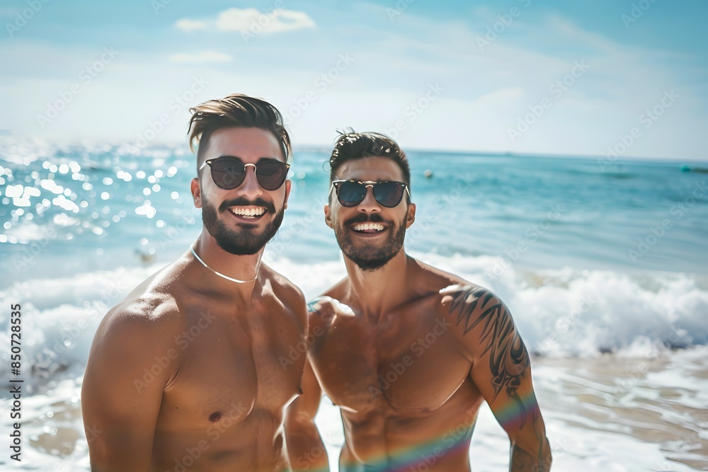 Two happy male friends standing on the beach Two happy male friends standing on the beach