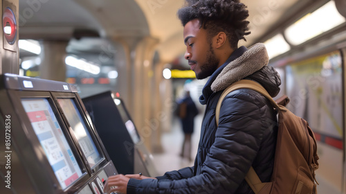 Un homme utilisant une borne de billetterie automatique dans une station de métro. photo