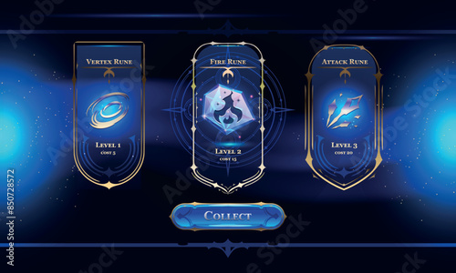 Set of Fantasy Modern User Interface Elements. Fantasy magic HUD with rewards. Template for game interface. Vector Illustration EPS10