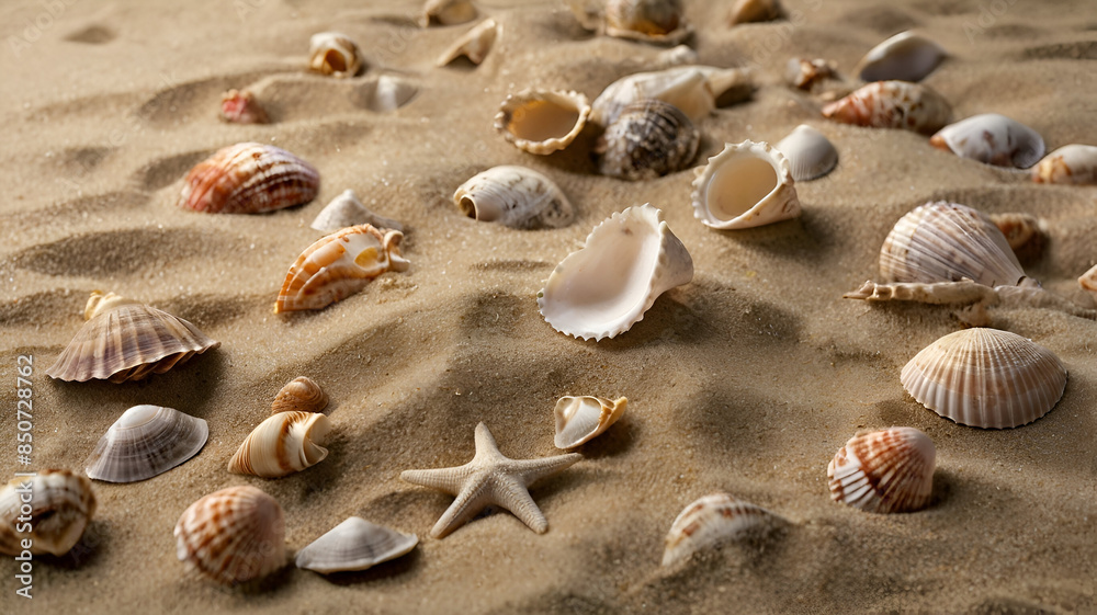 A sandy background adorned with sea shells providing ample room for a copy space image. Top views background Ai generative. A sandy background adorned with sea shells providing ample room for a copy space image. Top views background Ai generative.