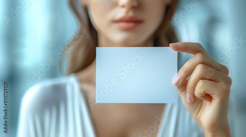 Woman holding blank card, ready customization adding text for personal or business purposes, mockup