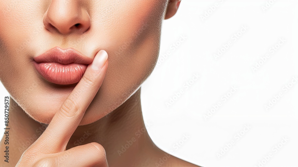 Adult woman's hand gently touching lips on white background. Gesture concept Adult woman's hand gently touching lips on white background. Gesture concept