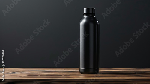 Matte black stainless steel bottle on a wooden surface. photo