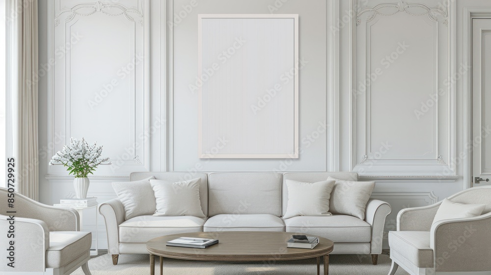 Fototapeta premium A white vertical picture frame on the wall of an elegant living room wide angle lens