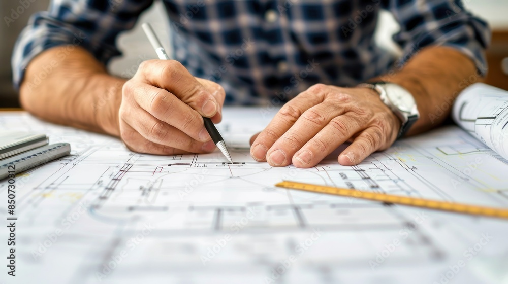 Architect drawing blueprints on white paper wide angle lens