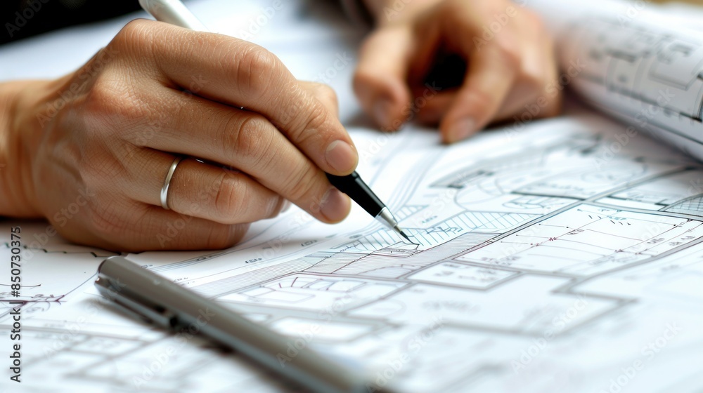 Architect drawing blueprints on white paper wide angle lens Architect drawing blueprints on white paper wide angle lens