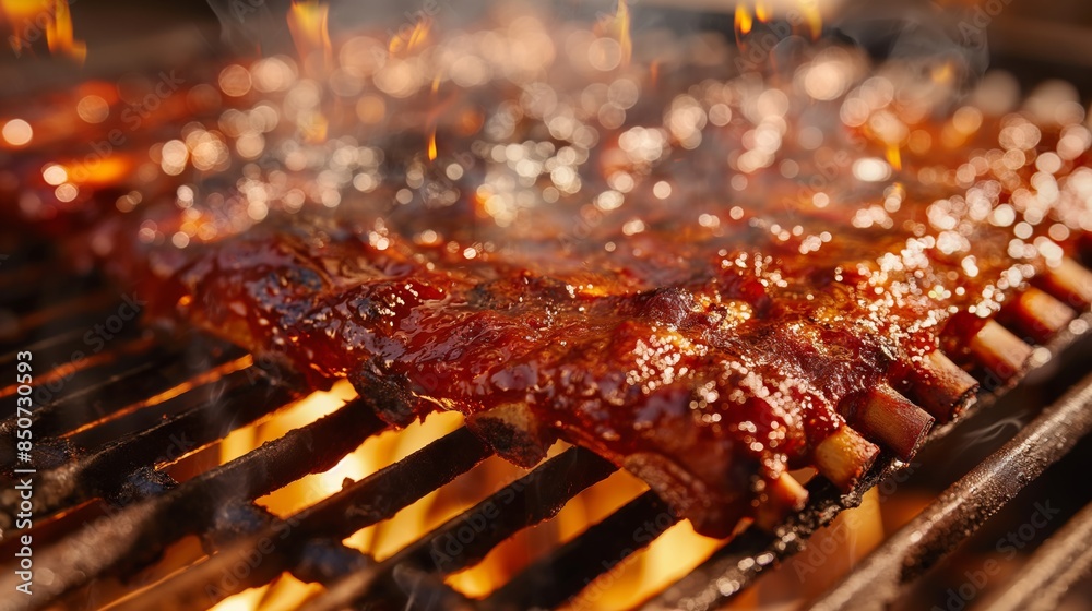 A rack of ribs grilling over an open flame, coated in a glossy barbecue sauce, with flames and smoke adding to the appetizing scene A rack of ribs grilling over an open flame, coated in a glossy barbecue sauce, with flames and smoke adding to the appetizing scene