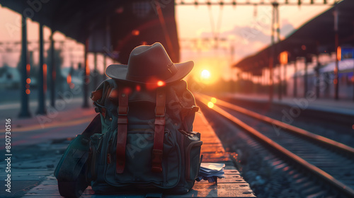 Un sac à dos avec un chapeau posé dessus, sur le quai d'une gare au coucher du soleil, avec les rails de train en arrière-plan. photo