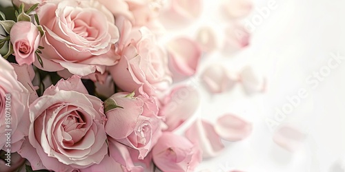 Bouquet of delicate pastel pink roses on white background for wedding or Valentine's Day, romantic concept © dekreatif