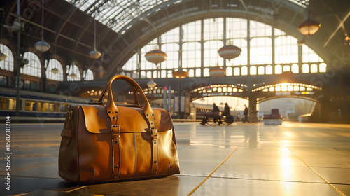 Un sac de voyage en cuir marron posé au sol d'une gare spacieuse et lumineuse, avec des trains et une architecture en arrière-plan.