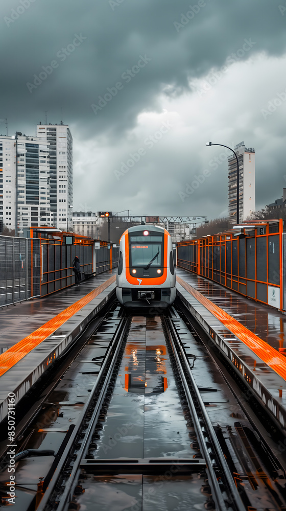 Fototapeta premium Un train moderne sur une voie humide avec des bâtiments urbains en arrière-plan sous un ciel nuageux.