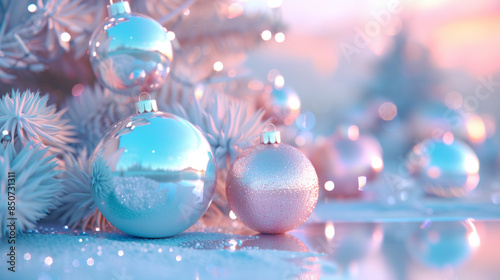 Beautiful Christmas Decorations With Blue Ornaments and Lights, New Year's concept