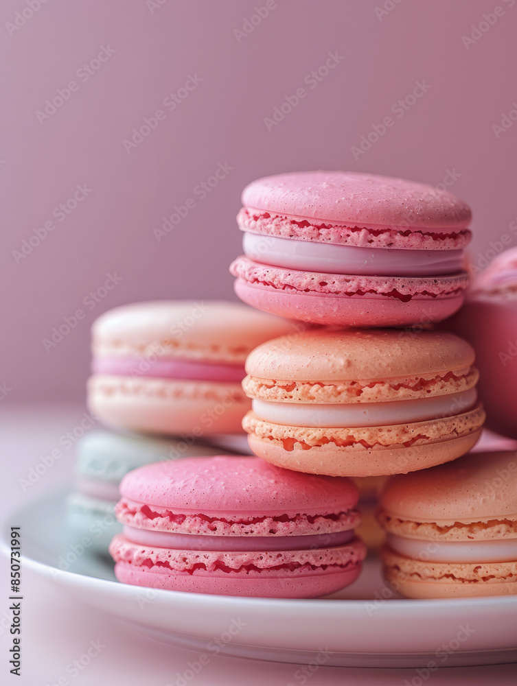 Stack of colorful macarons on a plate against a pink background. Stack of colorful macarons on a plate against a pink background.