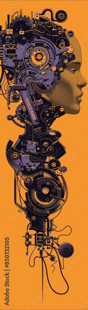 Futuristic robot face on orange background. Slogan on AI advancements. Contrasting colors black, amethyst, plum, butterscotch yellow.