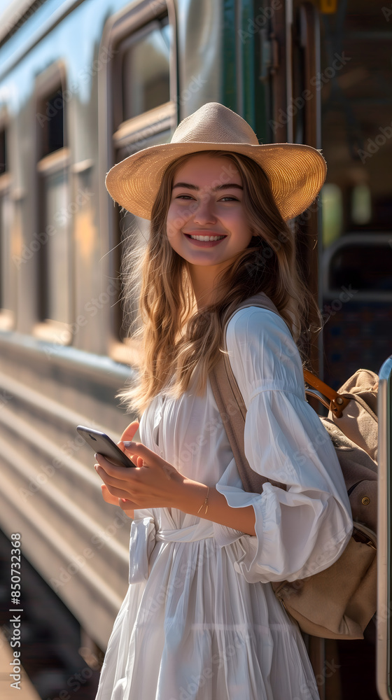 Une femme qui descend du train à une gare.