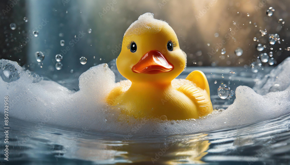 A yellow rubber duck floats on water surface in a bathtub full of foam and bubbles