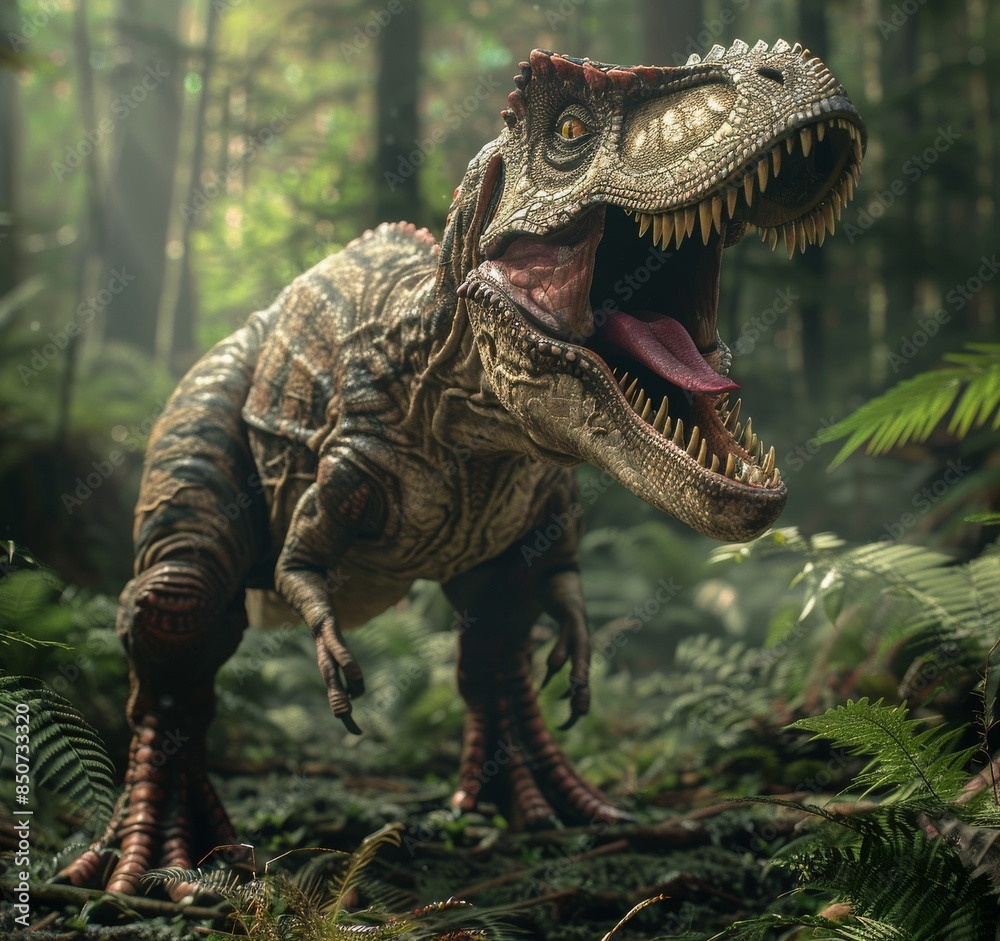 Fototapeta premium In the Jurassic period, dinosaur pachycephalosaurus roams the jungle. Using stock artificial intelligence, it creates the image.
